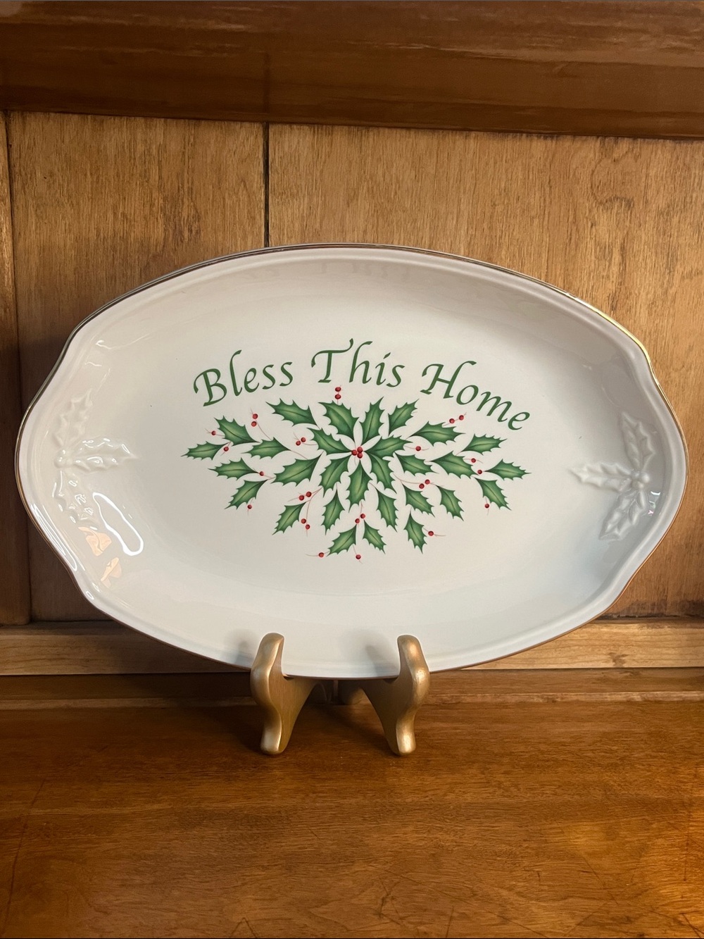 VTG- Lenox Holiday Dimension “Bless This Home” Oval Serving Tray. Trimmed w/Gold